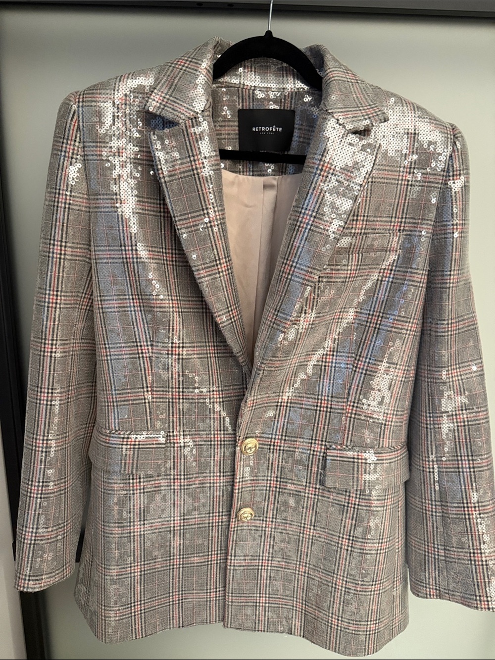 Retrofete Gray Glen Plaid Sequin Blazer with Pink & Blue Accents